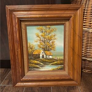 Rustic Landscape Painting with Wooden Frame - Cottage core vibes!